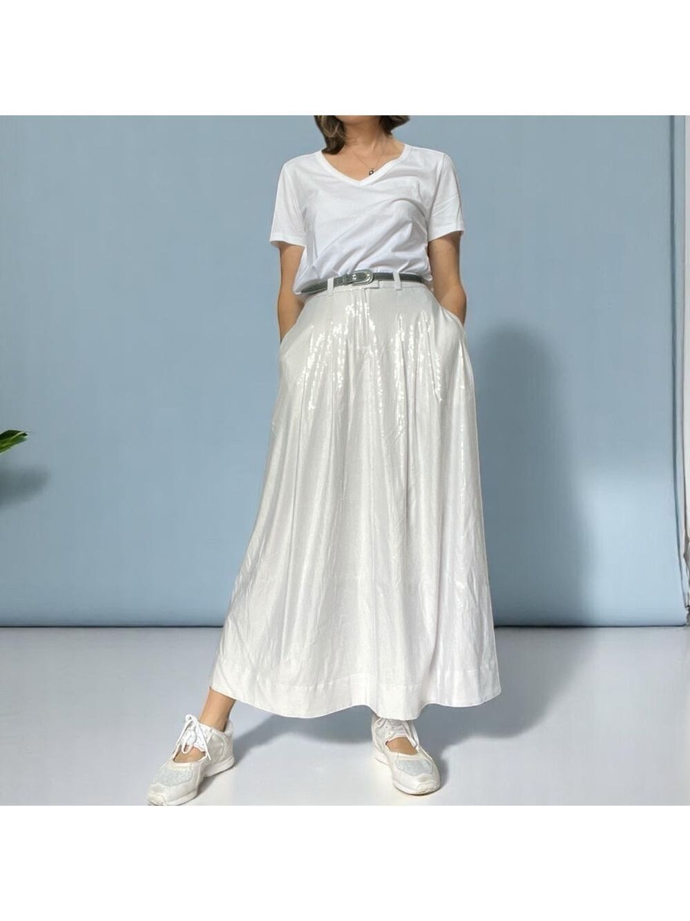 Anthropologie Avery Cream Pleated A-Line Maxi Skirt All Sequined 0P Oversized